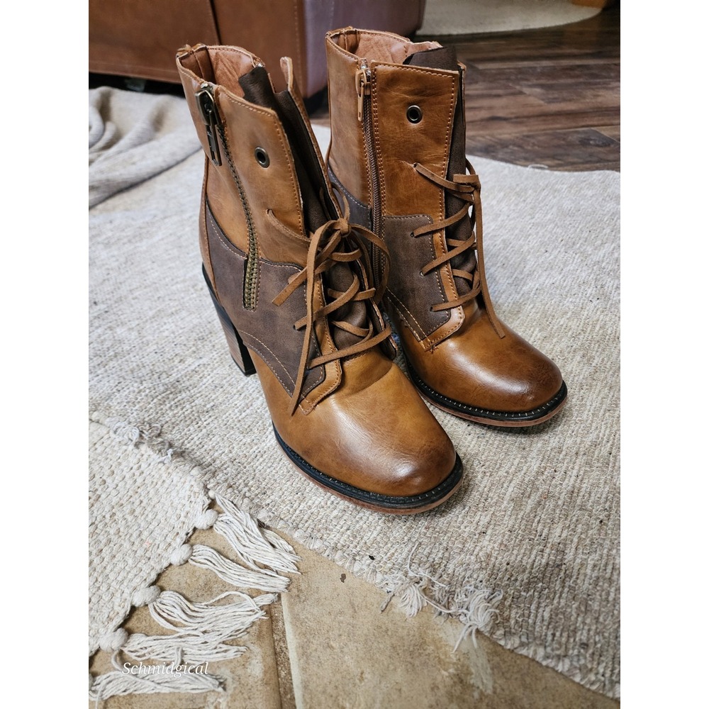 Pierre Dumas Ravenna Colorblock Camel Chunky Heel Lace Up Boots Sz 8 Boho